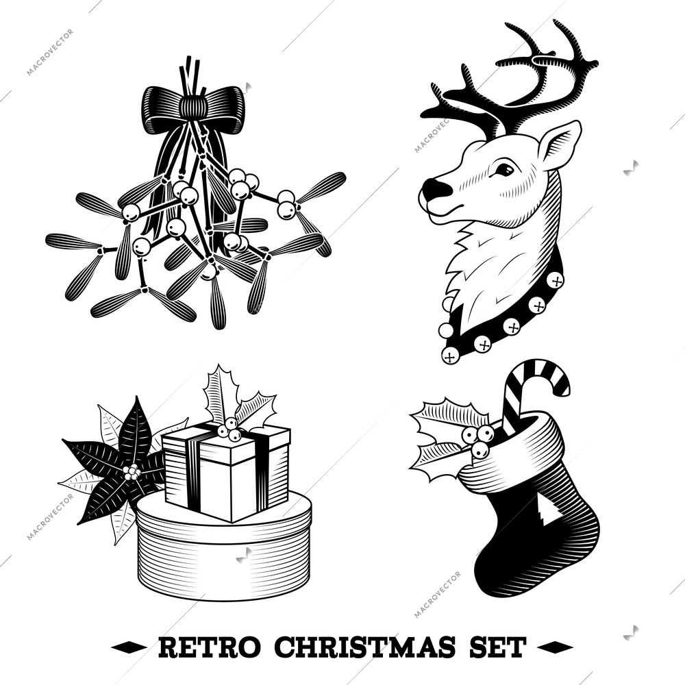 Big christmas black and white icons set with deer sock holy branch isolated vector illustration