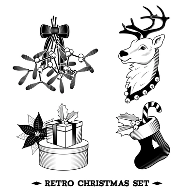 Big christmas black and white icons set with deer sock holy branch isolated vector illustration