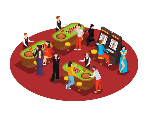Special agent spy isometric composition with view of casino tables and machines with characters of players and operatives vector illustration
