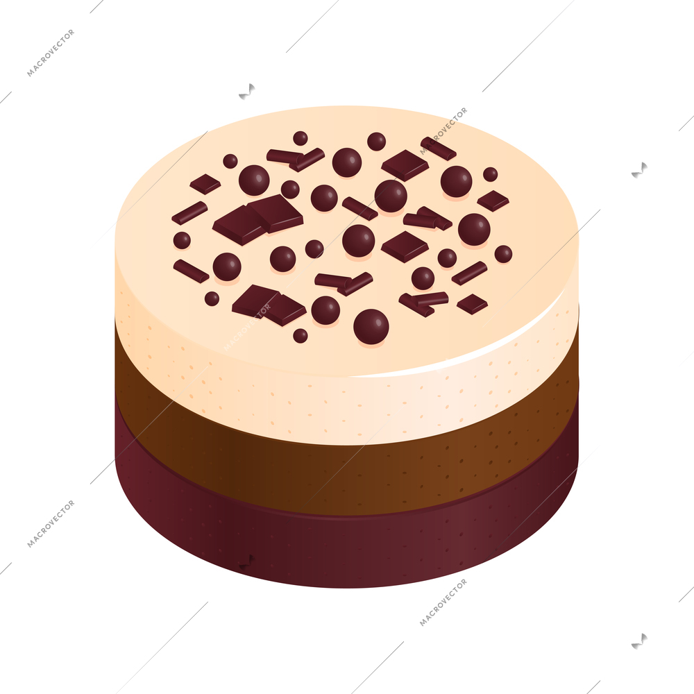Isometric anniversary cake composition with isolated image of sweet cake with choco topping vector illustration