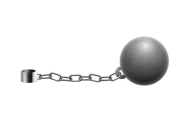 Metal rusty chain realistic composition with isolated image of chain tied to heavy ball for dungeon prisoners vector illustration