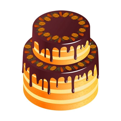 Isometric anniversary cake composition with isolated image of sweet cake with glaze and fruits vector illustration