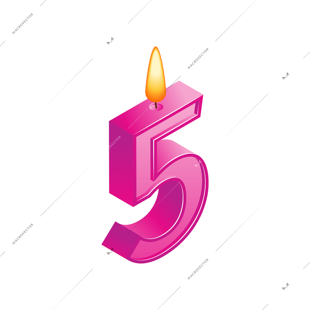 Isometric anniversary numbers composition with isolated image of candle with five digit shape vector illustration