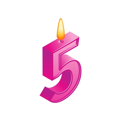 Isometric anniversary numbers composition with isolated image of candle with five digit shape vector illustration