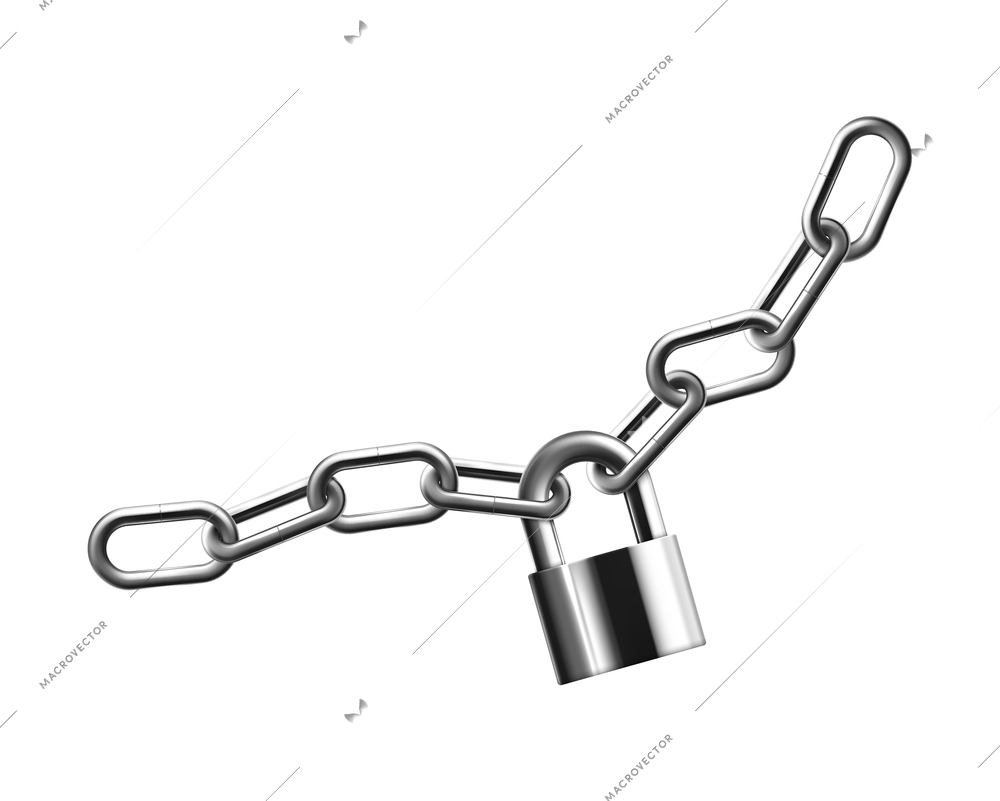 Metal rusty chain realistic composition with isolated images of chain segments tied with lock vector illustration