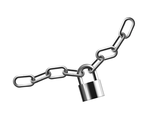 Metal rusty chain realistic composition with isolated images of chain segments tied with lock vector illustration