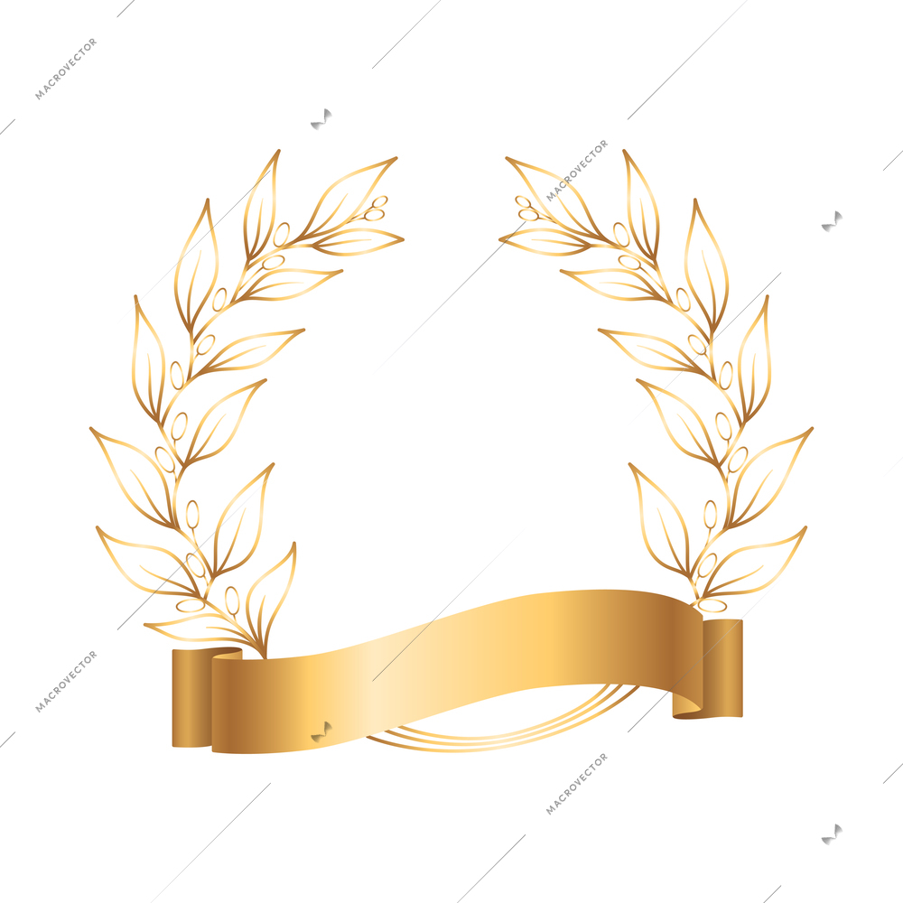 Golden ribbon laurel wreath emblem realistic composition with laurel wreath branches and golden ribbon vector illustration