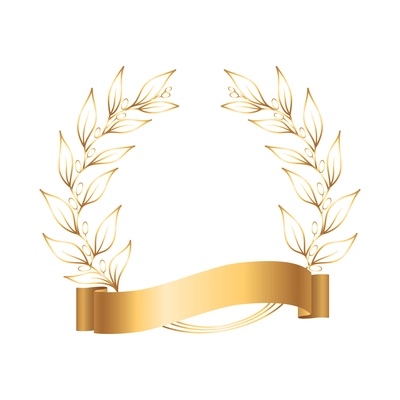 Golden ribbon laurel wreath emblem realistic composition with laurel wreath branches and golden ribbon vector illustration