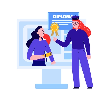 Online education flat composition with images of desktop computer and teacher graduating student with diploma vector illustration