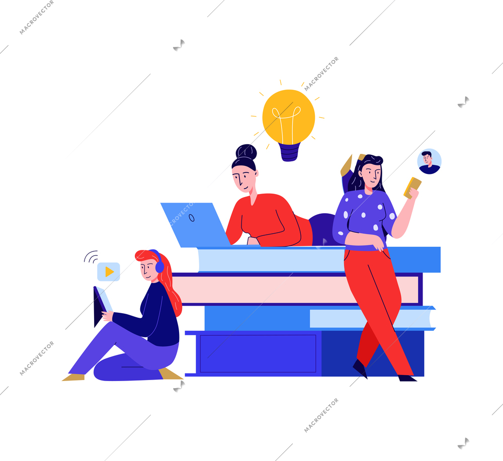 Online education flat composition with stack of books and characters of young people with gadgets illustration