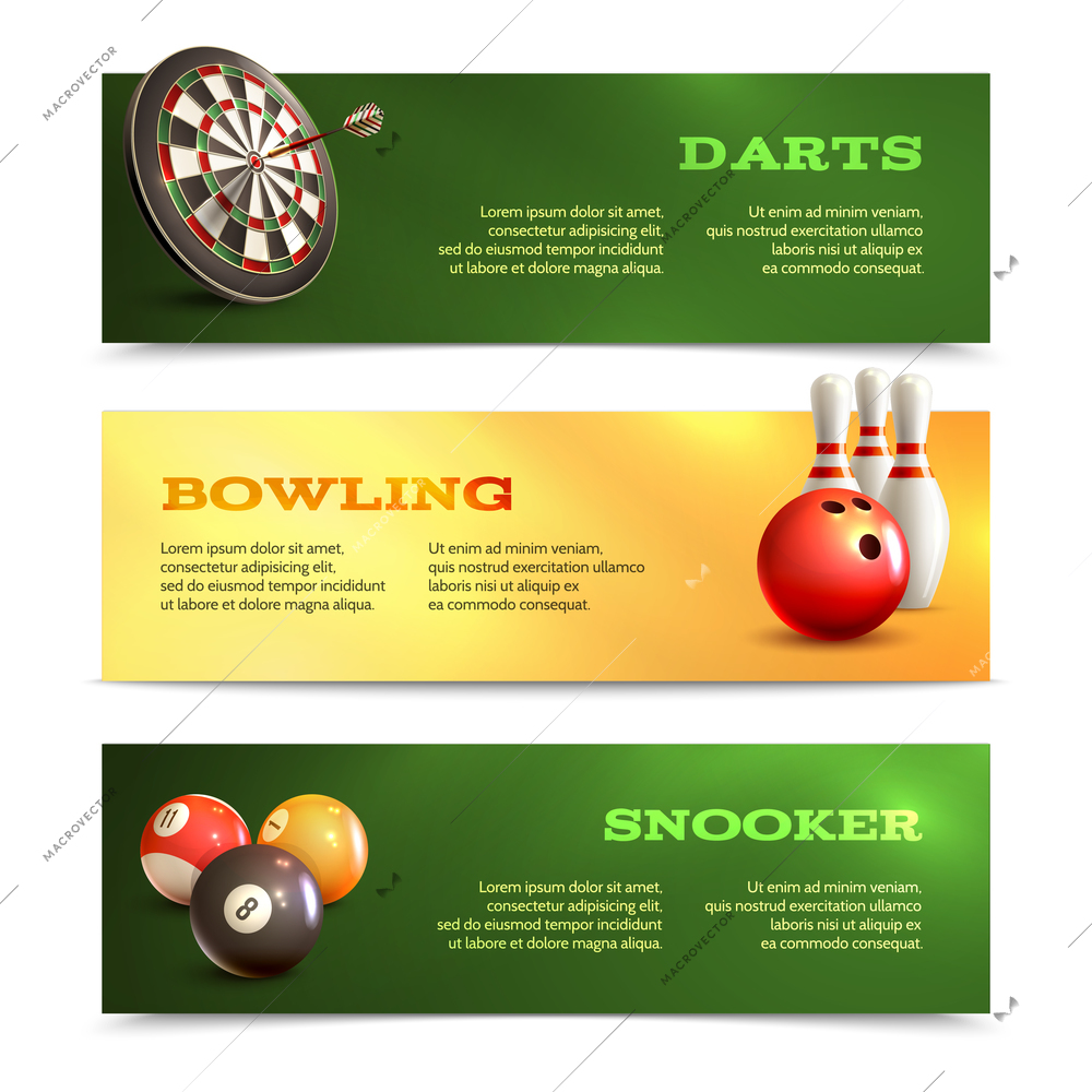 Game realistic horizontal banner set with bowling snooker darts isolated vector illustration