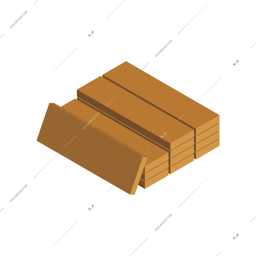 Sawmill timber mill lumberjack isometric composition with isolated image of wood bars in stacks vector illustration