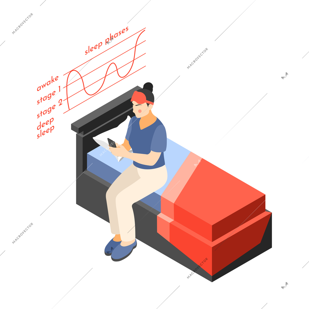 Hi tech sleeping isometric composition with isolated image of bed with sitting woman checking graph of sleep phases vector illustration