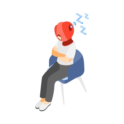 Hi tech sleeping isometric composition with character of person sitting in chair with sleep helmet on head vector illustration