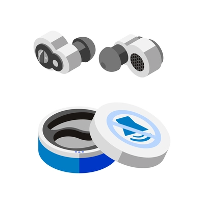 Hi tech sleeping isometric composition with isolated image of active noise cancelling earplugs with carrying box vector illustration