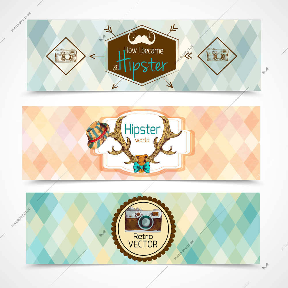 Hipster world retro colored sketch horizontal banners set isolated vector illustration