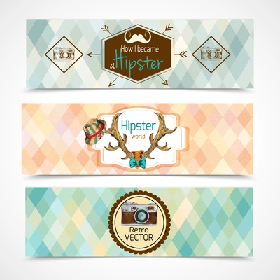 Hipster world retro colored sketch horizontal banners set isolated vector illustration