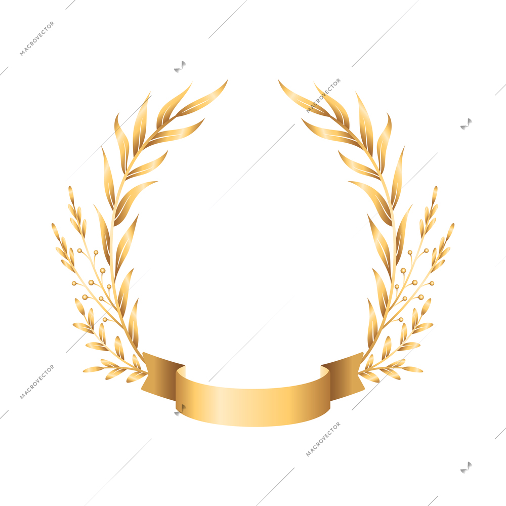 Golden ribbon laurel wreath emblem realistic composition with laurel wreath branches and golden ribbon vector illustration