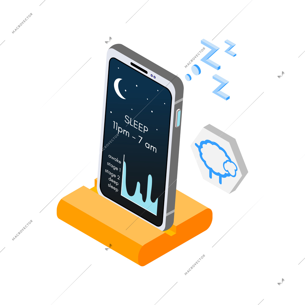 Hi tech sleeping isometric composition with isolated image of dock with smartphone running sleep tracker app vector illustration