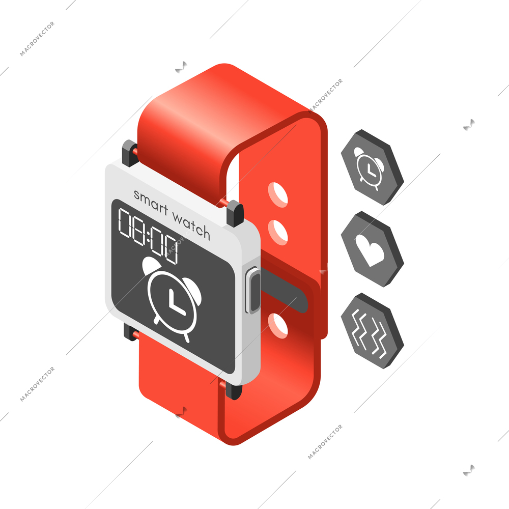 Hi tech sleeping isometric composition with isolated image of smart watch with sleep tracker and hexagon app pictograms vector illustration