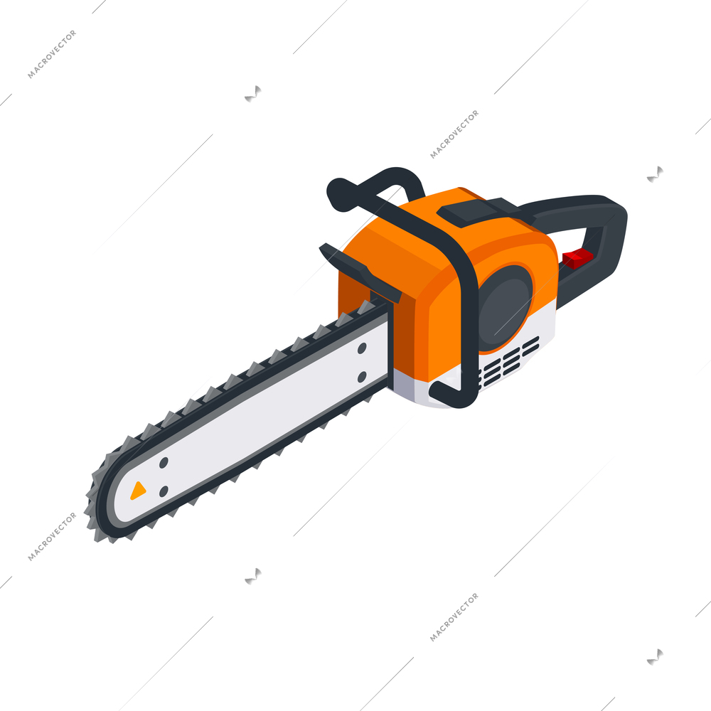 Sawmill timber mill lumberjack isometric composition with isolated image of chain saw vector illustration