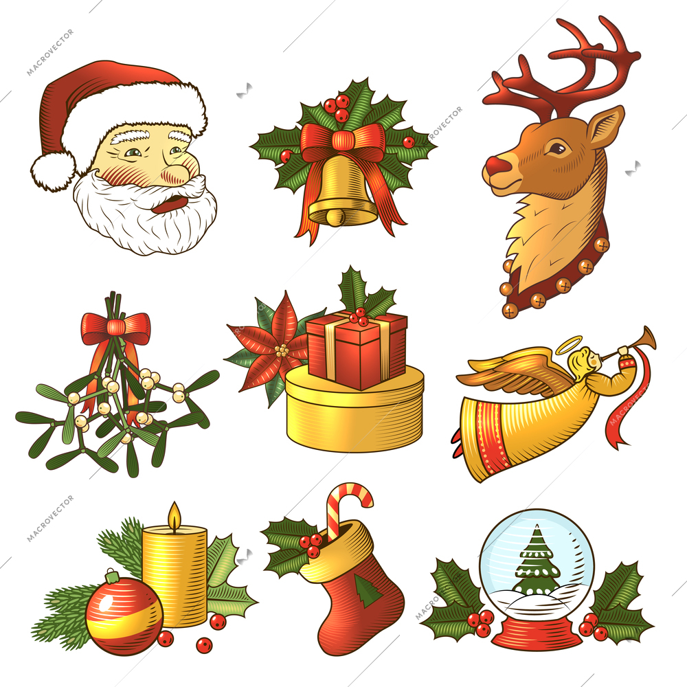 Big christmas new year celebration colored icons set isolated vector illustration