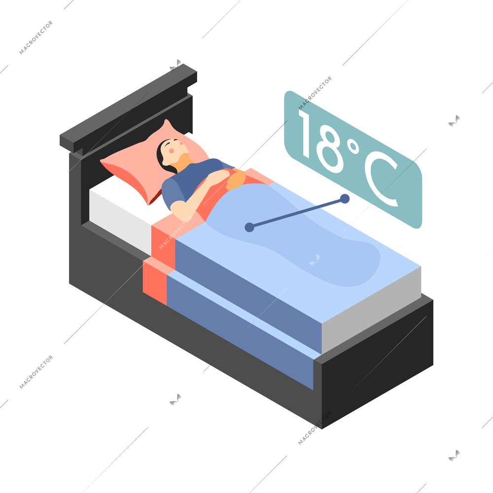 Hi tech sleeping isometric composition with female character of sleeping person with temperature caption sign vector illustration