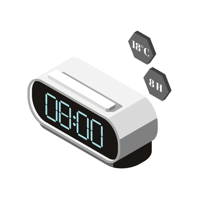 Hi tech sleeping isometric composition with isolated image of bedside electronic alarm clock with thermometer vector illustration