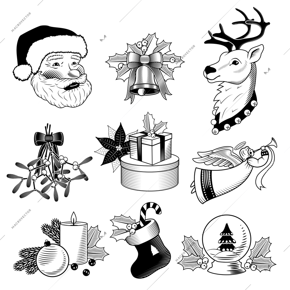 Big christmas new year holiday black and white icons set isolated vector illustration