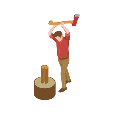Sawmill timber mill lumberjack isometric composition with human character raising hands with axe on wood piece standing on stub vector illustration