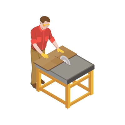 Sawmill timber mill lumberjack isometric composition with human character cutting piece of wood on table with grinder vector illustration