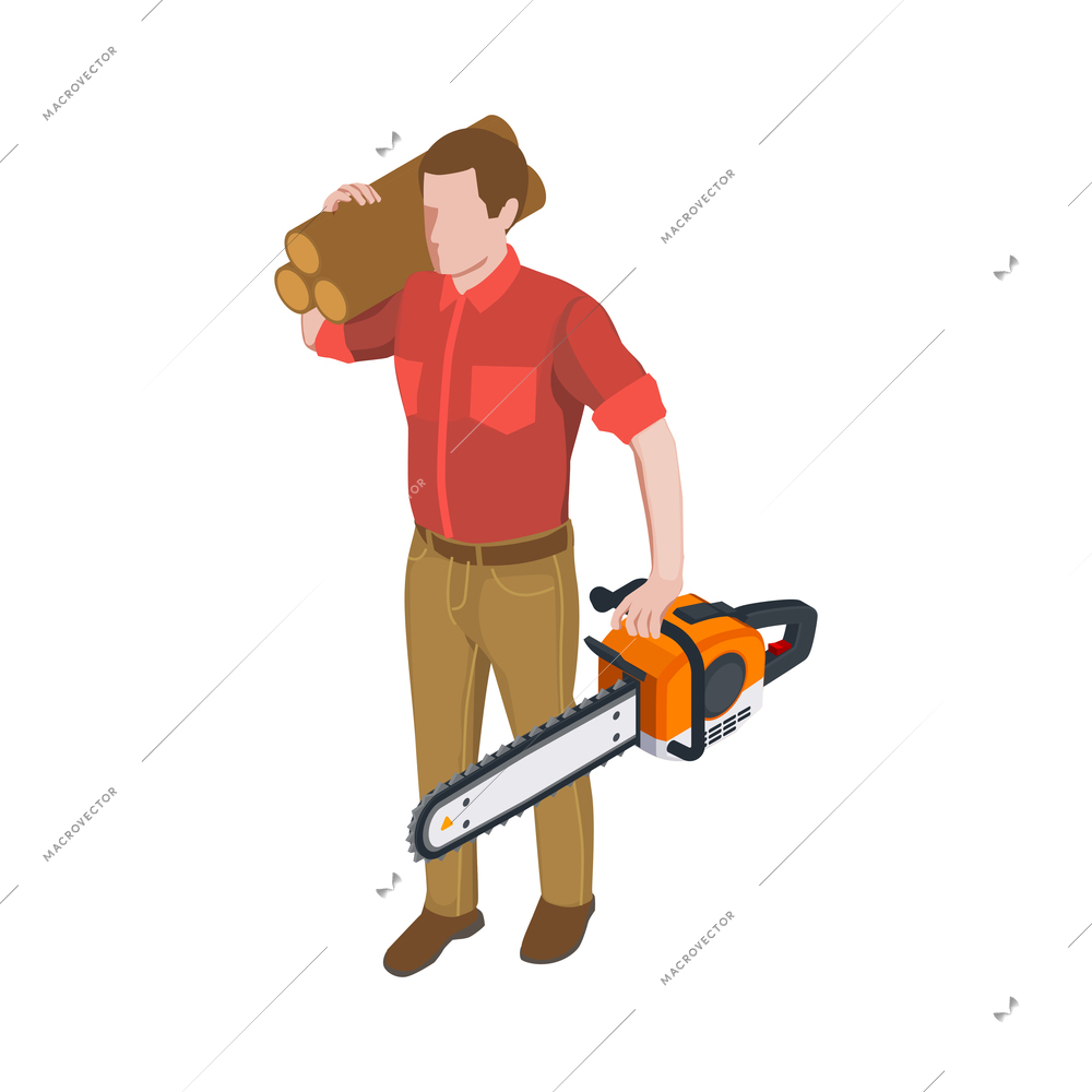 Sawmill timber mill lumberjack isometric composition with character of man carrying wood and chain saw vector illustration
