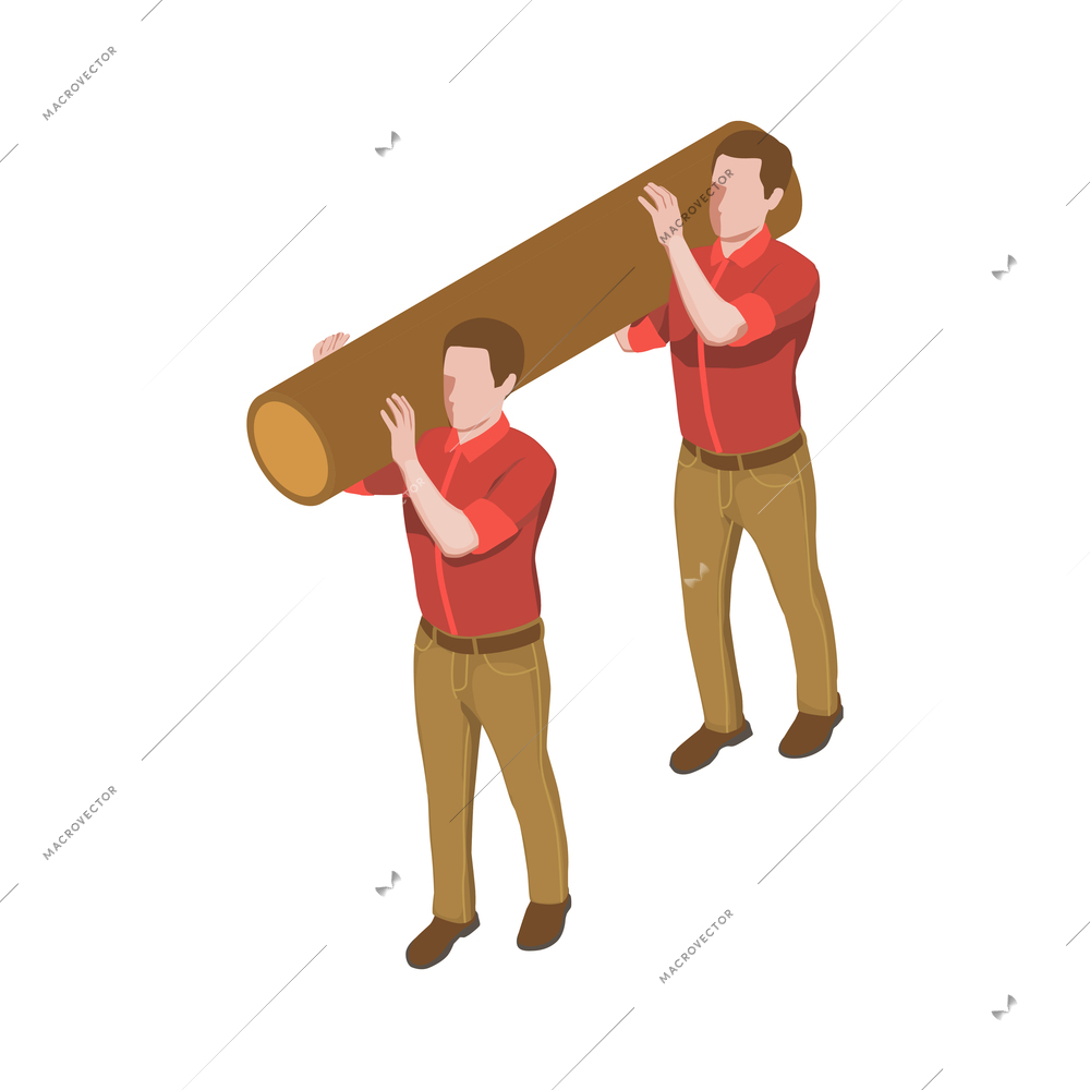 Sawmill timber mill lumberjack isometric composition with isolated image of two men carrying tree trunk vector illustration