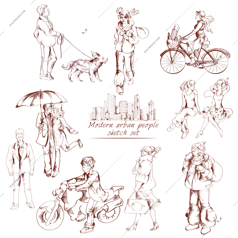 Urban people sketch decorative icons set isolated vector illustration