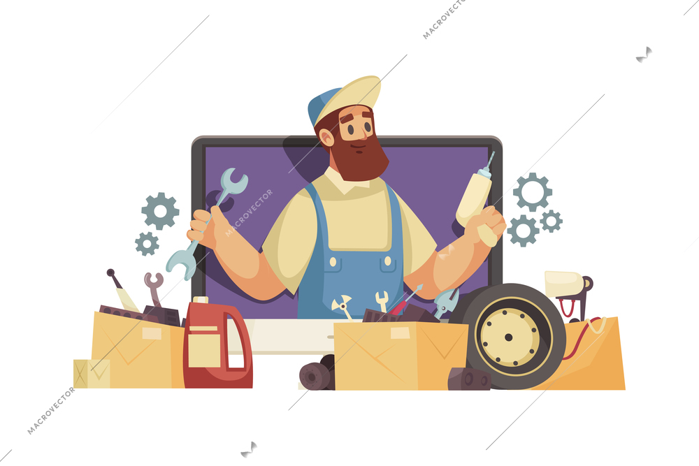 Video blogger composition with desktop computer and human character surrounded by gear icons and signs vector illustration