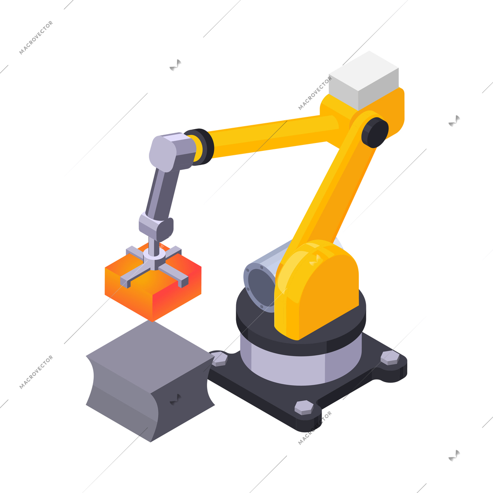 Metal industry metalworking isometric composition with manipulator arm moving piece of fabricated metal vector illustration