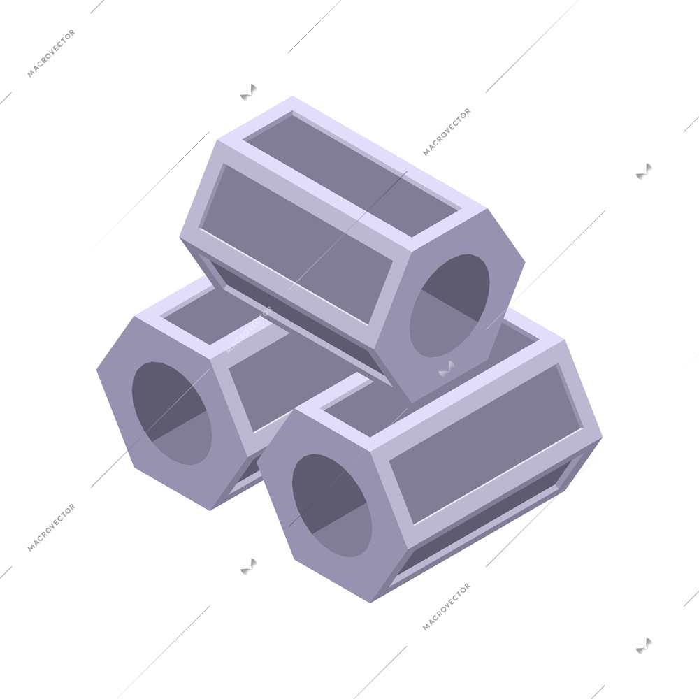 Metal industry metalworking isometric composition with isolated image of hexagon shaped tubes bunch vector illustration