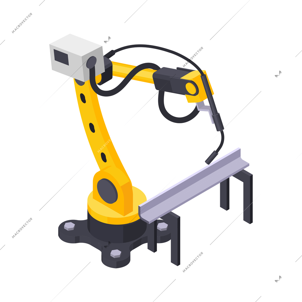 Metal industry metalworking isometric composition with isolated image of industrial manipulator arm vector illustration