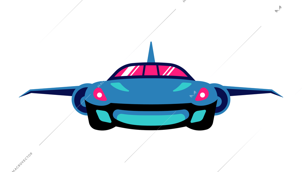 Technologies future composition with front view of neon colored car with aircraft wings vector illustration