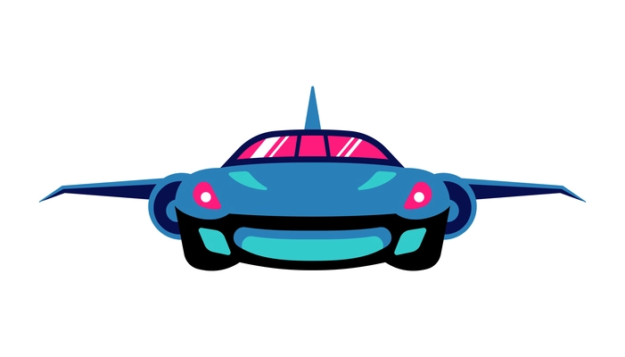 Technologies future composition with front view of neon colored car with aircraft wings vector illustration