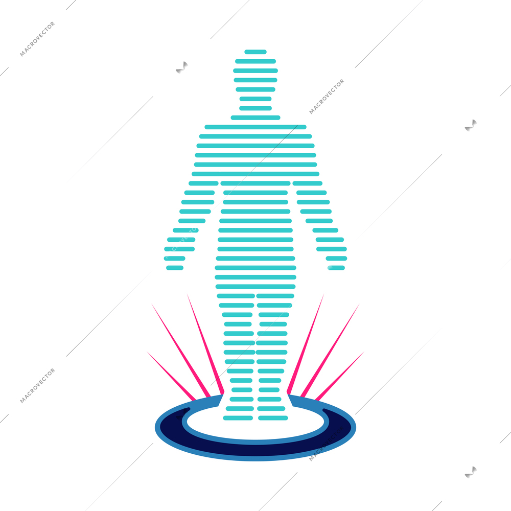 Technologies future composition with isolated image of neon colored spot for teleportations with silhouette of human body vector illustration