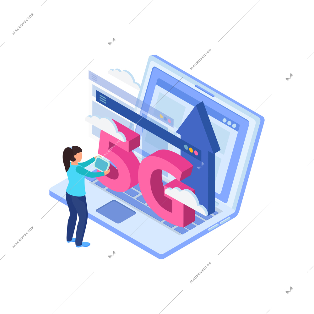 5g internet isometric composition with images of laptop screens and female character with gadget vector illustration