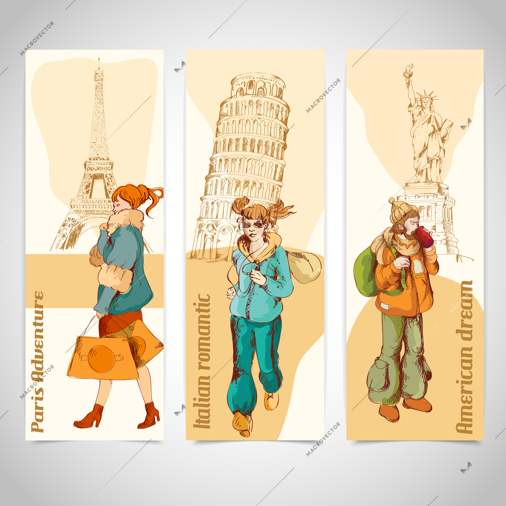 Modern urban people sketch colored vertical banners set isolated vector illustration