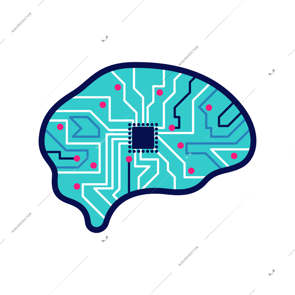 Technologies future composition with isolated image of neon colored human brain with electric circuits and silicon chip vector illustration