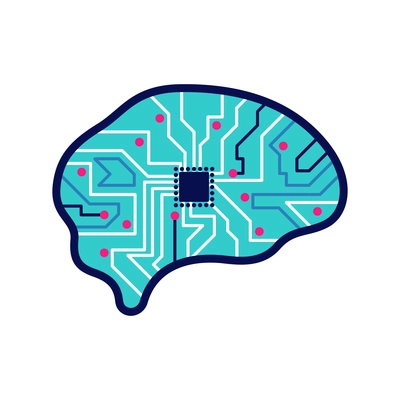 Technologies future composition with isolated image of neon colored human brain with electric circuits and silicon chip vector illustration