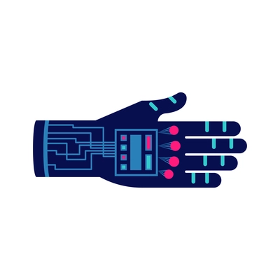 Technologies future composition with isolated image of neon colored human hand with buttons and electric circuitry vector illustration