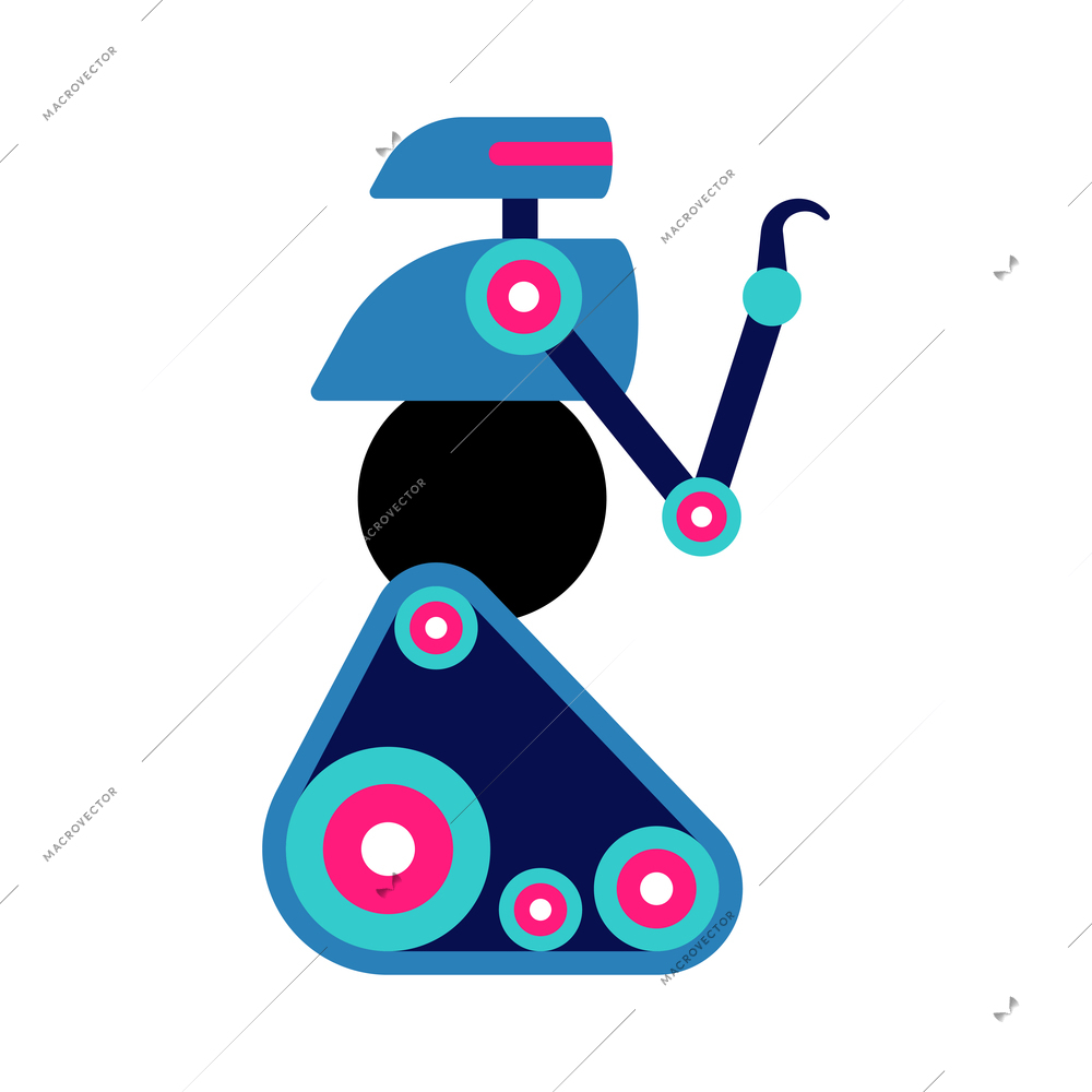 Technologies future composition with isolated image of neon colored robot with lots of wheels and manipulator arm vector illustration