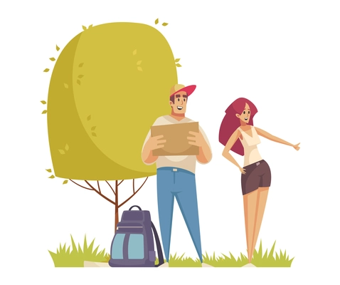 Hitchhiking autostop composition with couple of young tourists doodle characters with backpack and placard vector illustration