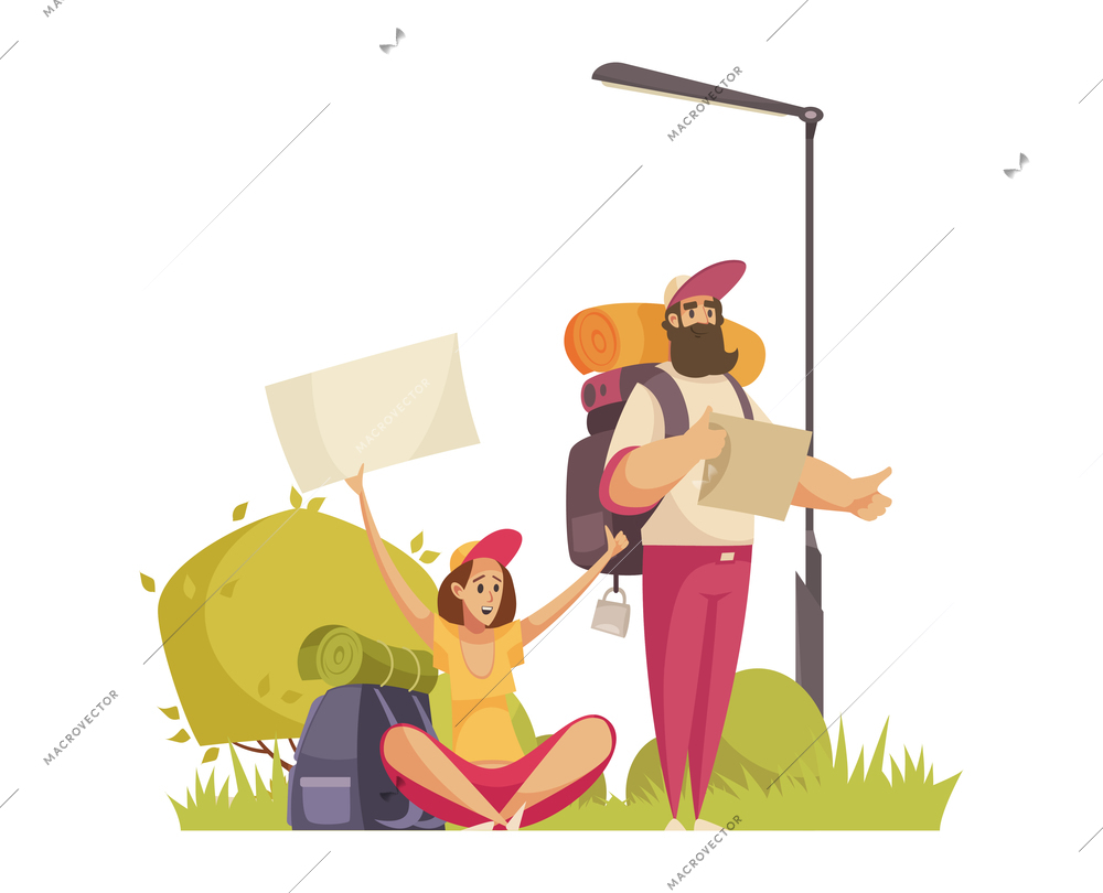 Hitchhiking autostop composition with doodle style characters of bearded man and woman with backpacks and lamp post vector illustration