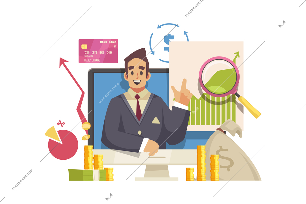 Video blogger composition with desktop computer and human character surrounded by financial icons and signs vector illustration